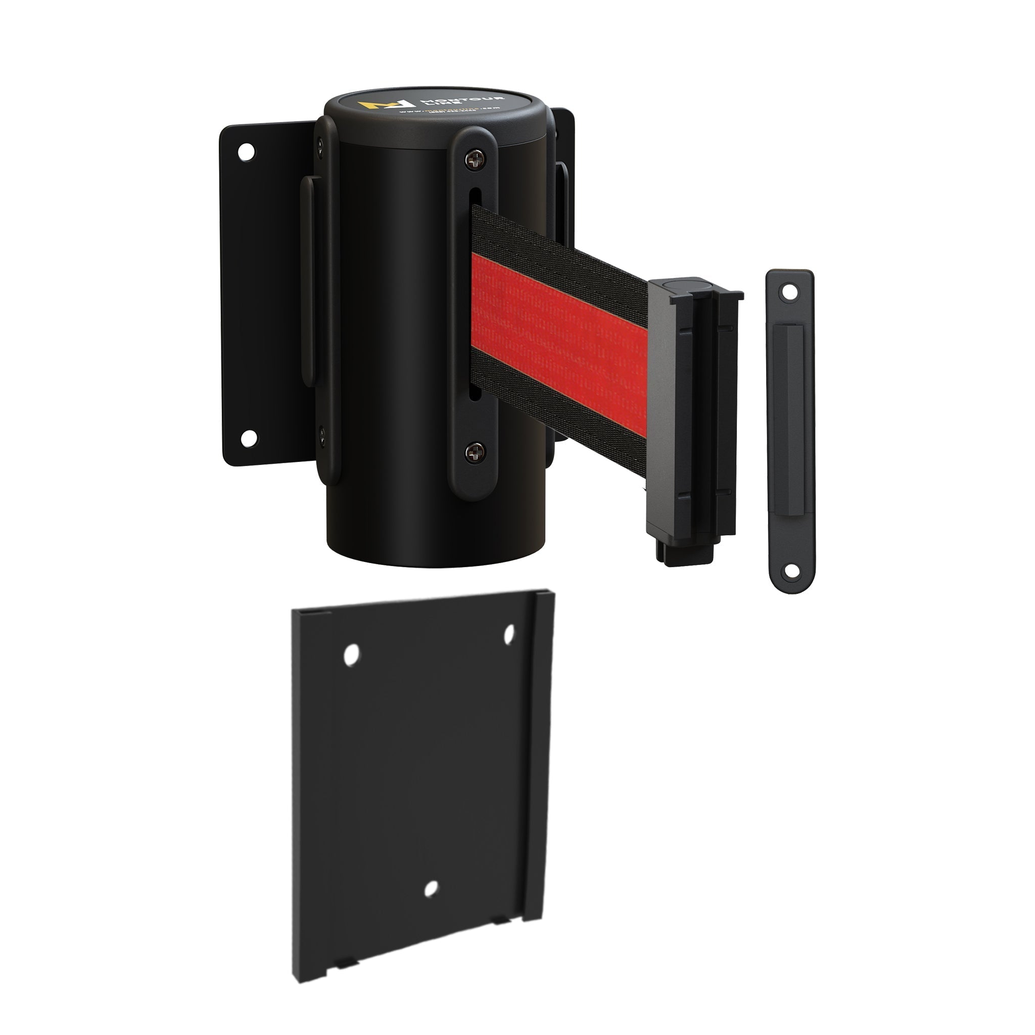 Wall Mounted Retractable Belt Barrier with Removable Plate, Black Steel Metal Case with Standard Belt End, 8.5 ft Belt - Montour Line WM115 - Crowd Control Warehouse