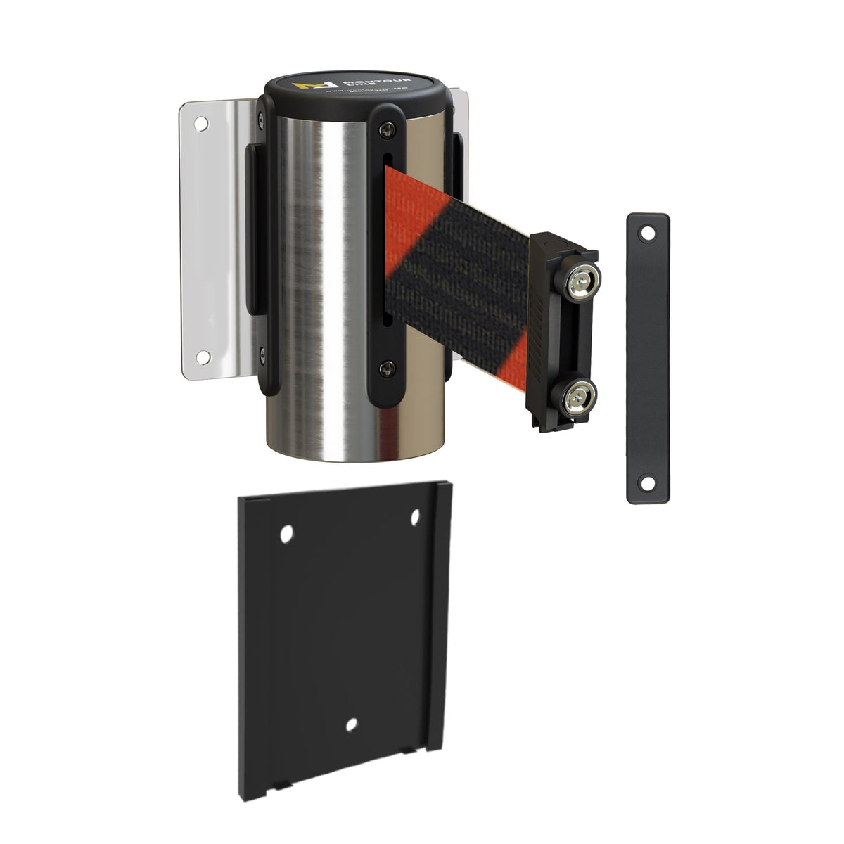 Wall Mounted Retractable Belt Barrier with Removable Plate, Polished Stainless Steel Metal Case with Magnetic Belt End, 11 ft Belt - Montour Line WM115 - Crowd Control Warehouse