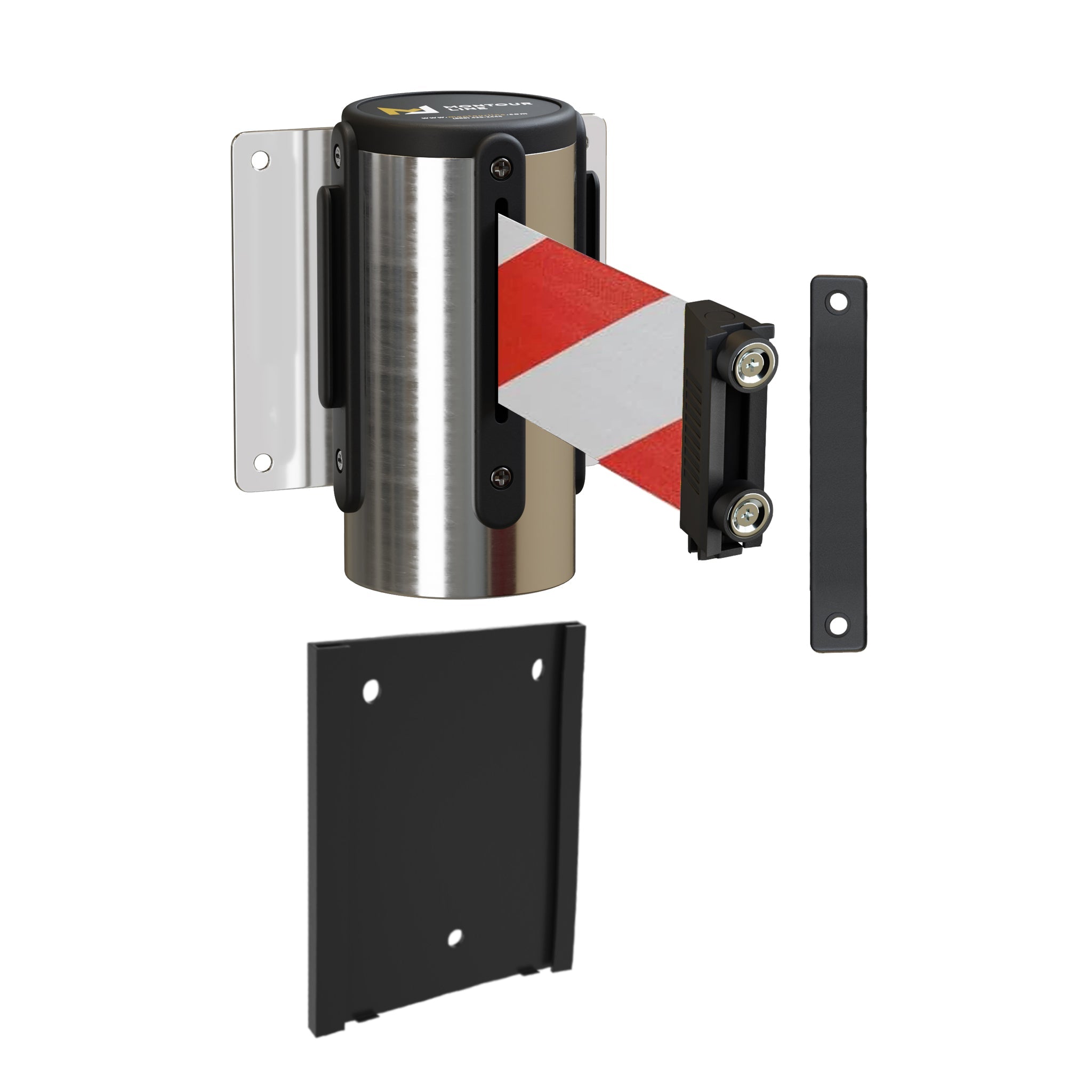 Wall Mounted Retractable Belt Barrier with Removable Plate, Polished Stainless Steel Metal Case with Magnetic Belt End, 11 ft Belt - Montour Line WM115 - Crowd Control Warehouse