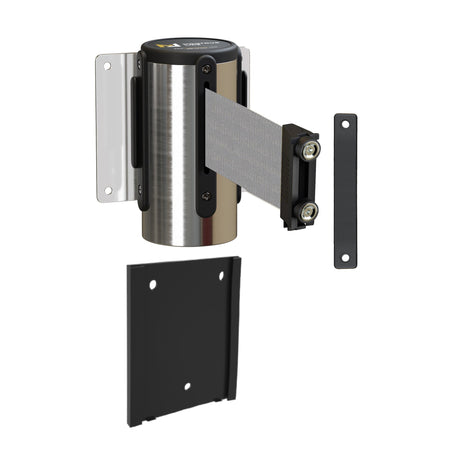 Wall Mounted Retractable Belt Barrier with Removable Plate, Polished Stainless Steel Metal Case with Magnetic Belt End, 11 ft Belt - Montour Line WM115 - Crowd Control Warehouse
