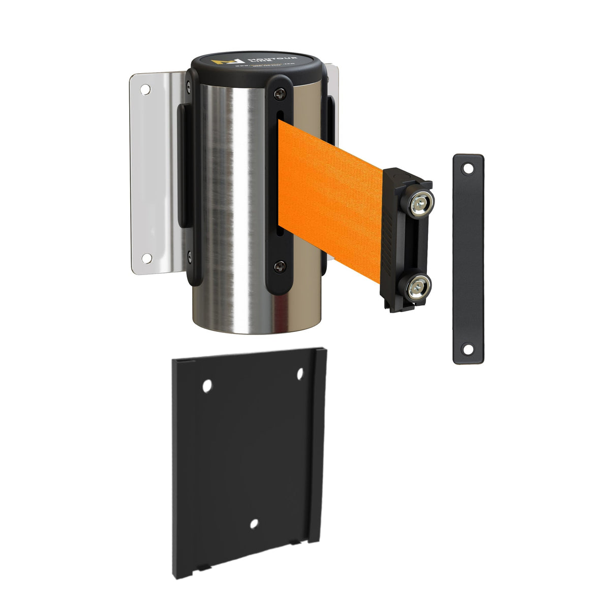 Wall Mounted Retractable Belt Barrier with Removable Plate, Polished Stainless Steel Metal Case with Magnetic Belt End, 11 ft Belt - Montour Line WM115 - Crowd Control Warehouse