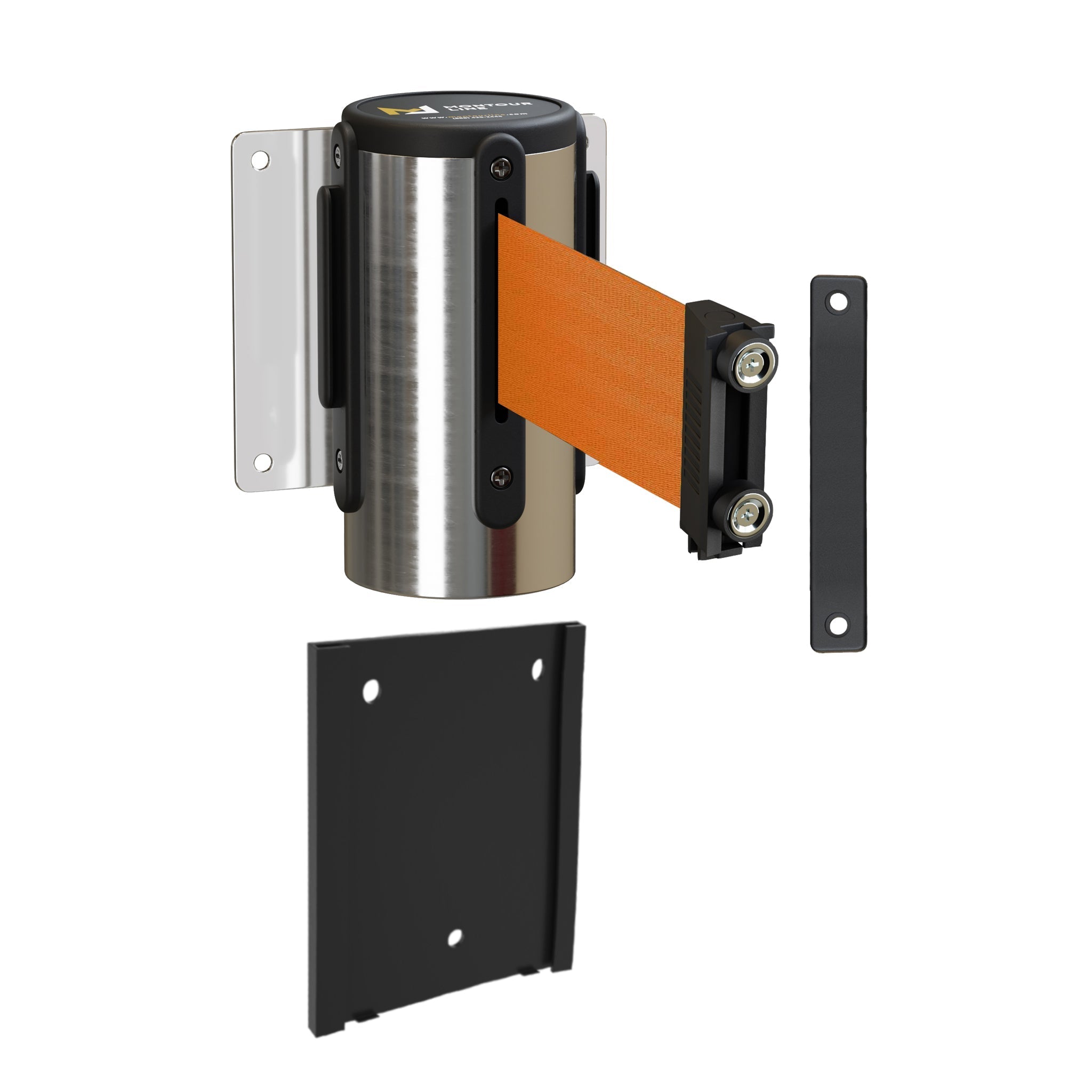 Wall Mounted Retractable Belt Barrier with Removable Plate, Polished Stainless Steel Metal Case with Magnetic Belt End, 11 ft Belt - Montour Line WM115 - Crowd Control Warehouse