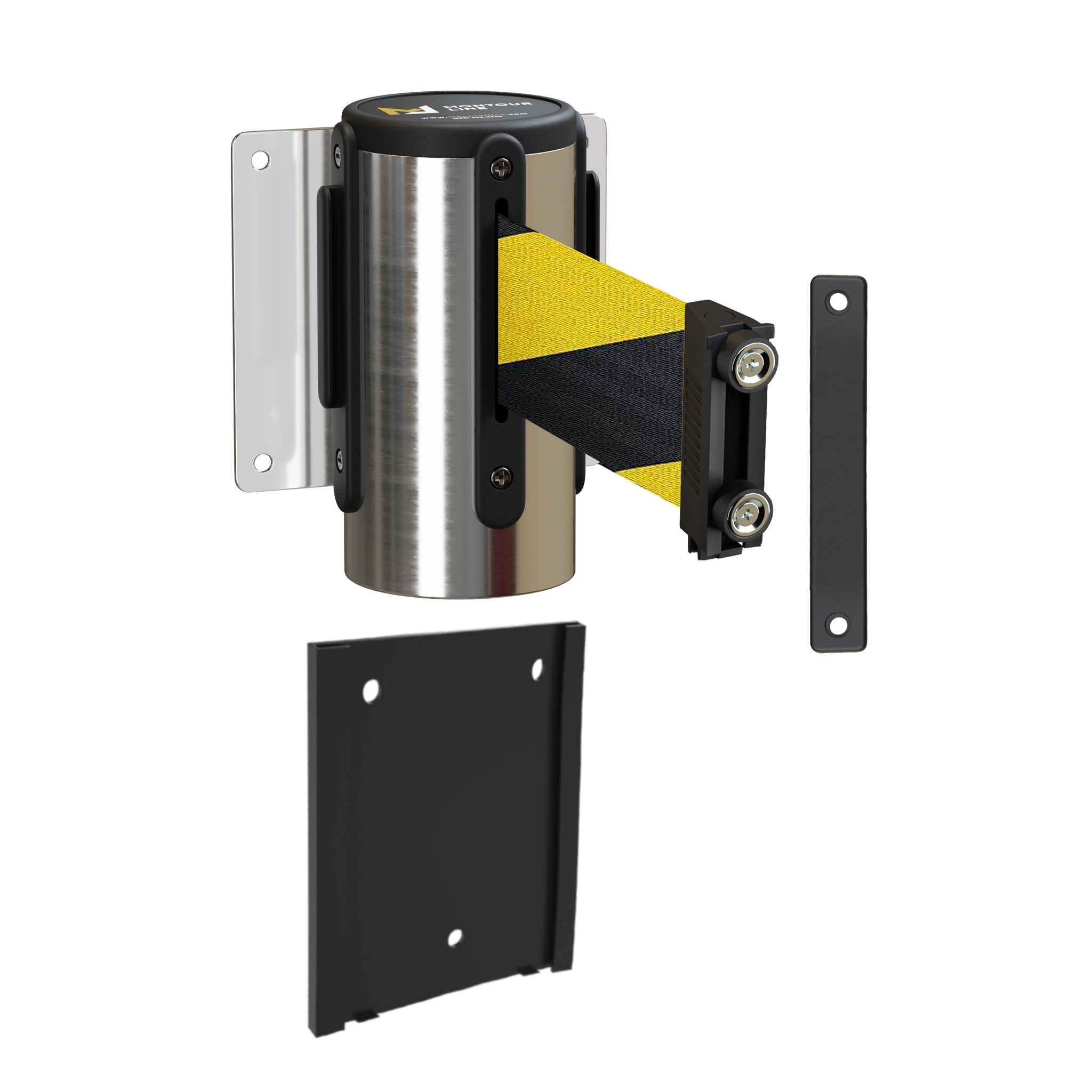 Wall Mounted Retractable Belt Barrier with Removable Plate, Polished Stainless Steel Metal Case with Magnetic Belt End, 11 ft Belt - Montour Line WM115 - Crowd Control Warehouse