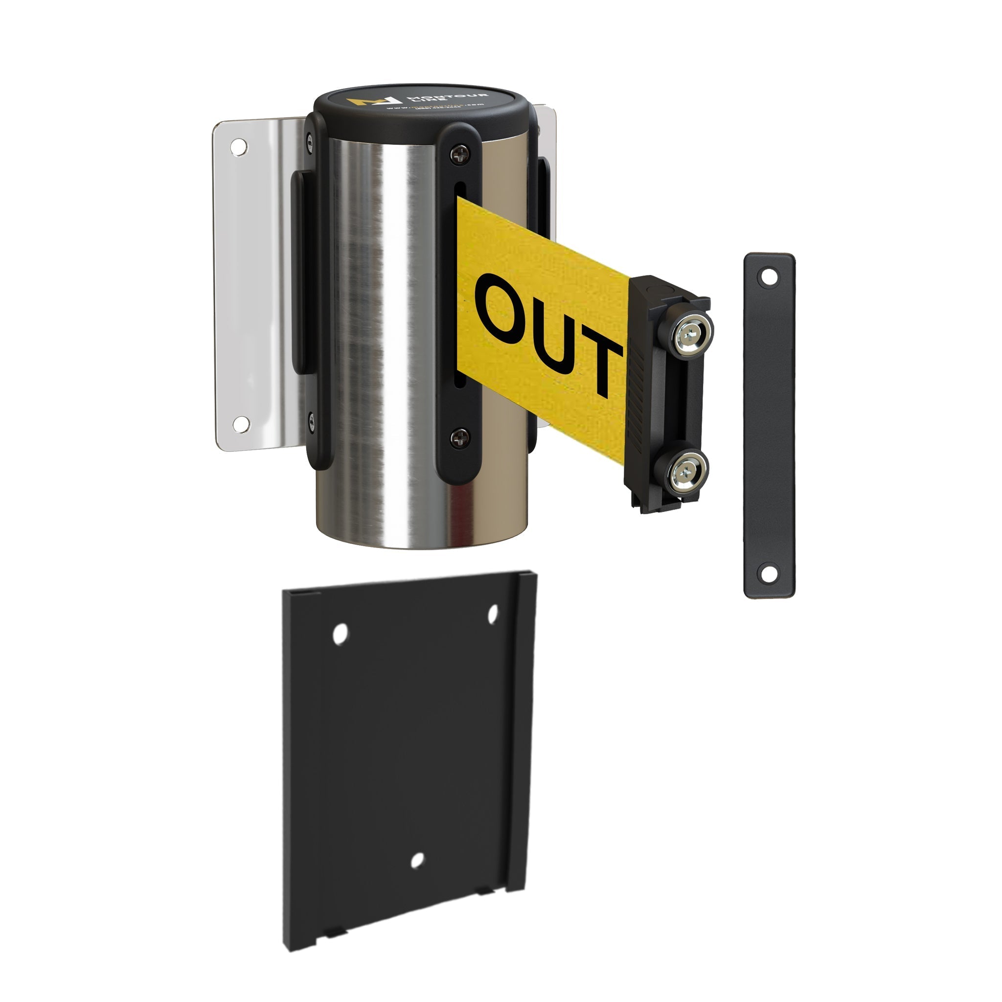 Wall Mounted Retractable Belt Barrier with Removable Plate, Polished Stainless Steel Metal Case with Magnetic Belt End, 11 ft Belt - Montour Line WM115 - Crowd Control Warehouse