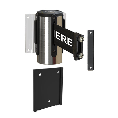 Wall Mounted Retractable Belt Barrier with Removable Plate, Polished Stainless Steel Metal Case with Magnetic Belt End, 11 ft Belt - Montour Line WM115 - Crowd Control Warehouse