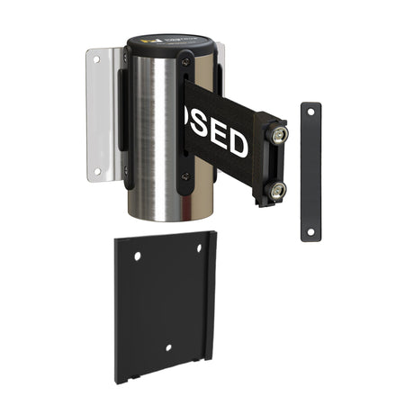 Wall Mounted Retractable Belt Barrier with Removable Plate, Polished Stainless Steel Metal Case with Magnetic Belt End, 11 ft Belt - Montour Line WM115 - Crowd Control Warehouse