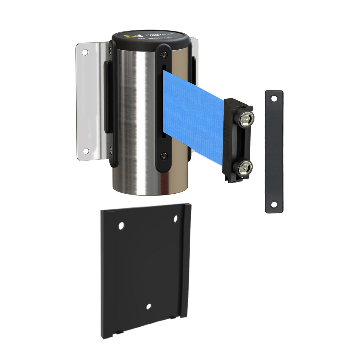 Wall Mounted Retractable Belt Barrier with Removable Plate, Polished Stainless Steel Metal Case with Magnetic Belt End, 11 ft Belt - Montour Line WM115 - Crowd Control Warehouse