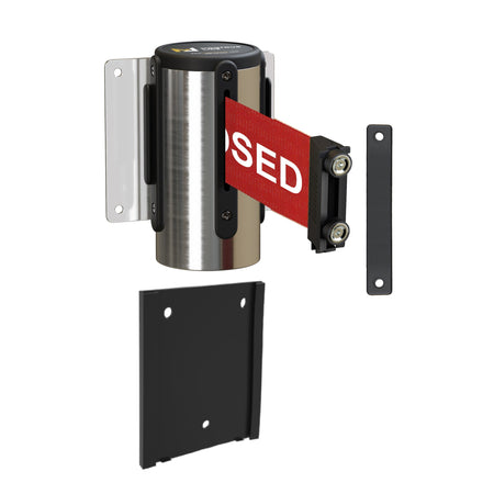 Wall Mounted Retractable Belt Barrier with Removable Plate, Polished Stainless Steel Metal Case with Magnetic Belt End, 13 ft Belt - Montour Line WM115 - Crowd Control Warehouse