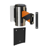 Wall Mounted Retractable Belt Barrier with Removable Plate, Polished Stainless Steel Metal Case with Magnetic Belt End, 13 ft Belt - Montour Line WM115 - Crowd Control Warehouse