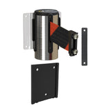 Wall Mounted Retractable Belt Barrier with Removable Plate, Polished Stainless Steel Metal Case with Magnetic Belt End, 13 ft Belt - Montour Line WM115 - Crowd Control Warehouse