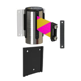 Wall Mounted Retractable Belt Barrier with Removable Plate, Polished Stainless Steel Metal Case with Magnetic Belt End, 13 ft Belt - Montour Line WM115 - Crowd Control Warehouse