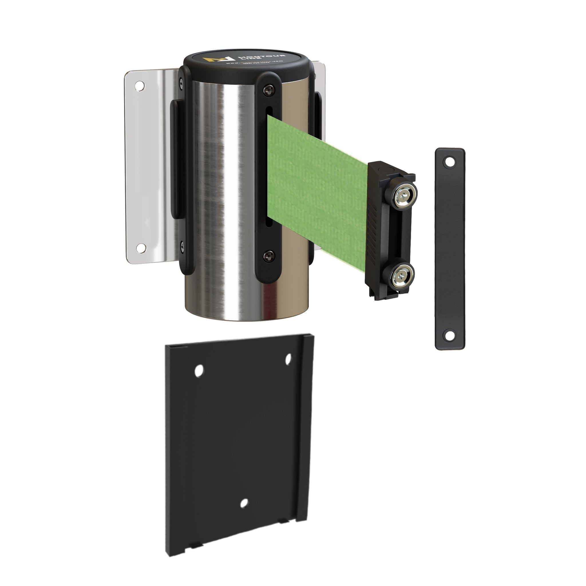 Wall Mounted Retractable Belt Barrier with Removable Plate, Polished Stainless Steel Metal Case with Magnetic Belt End, 13 ft Belt - Montour Line WM115 - Crowd Control Warehouse