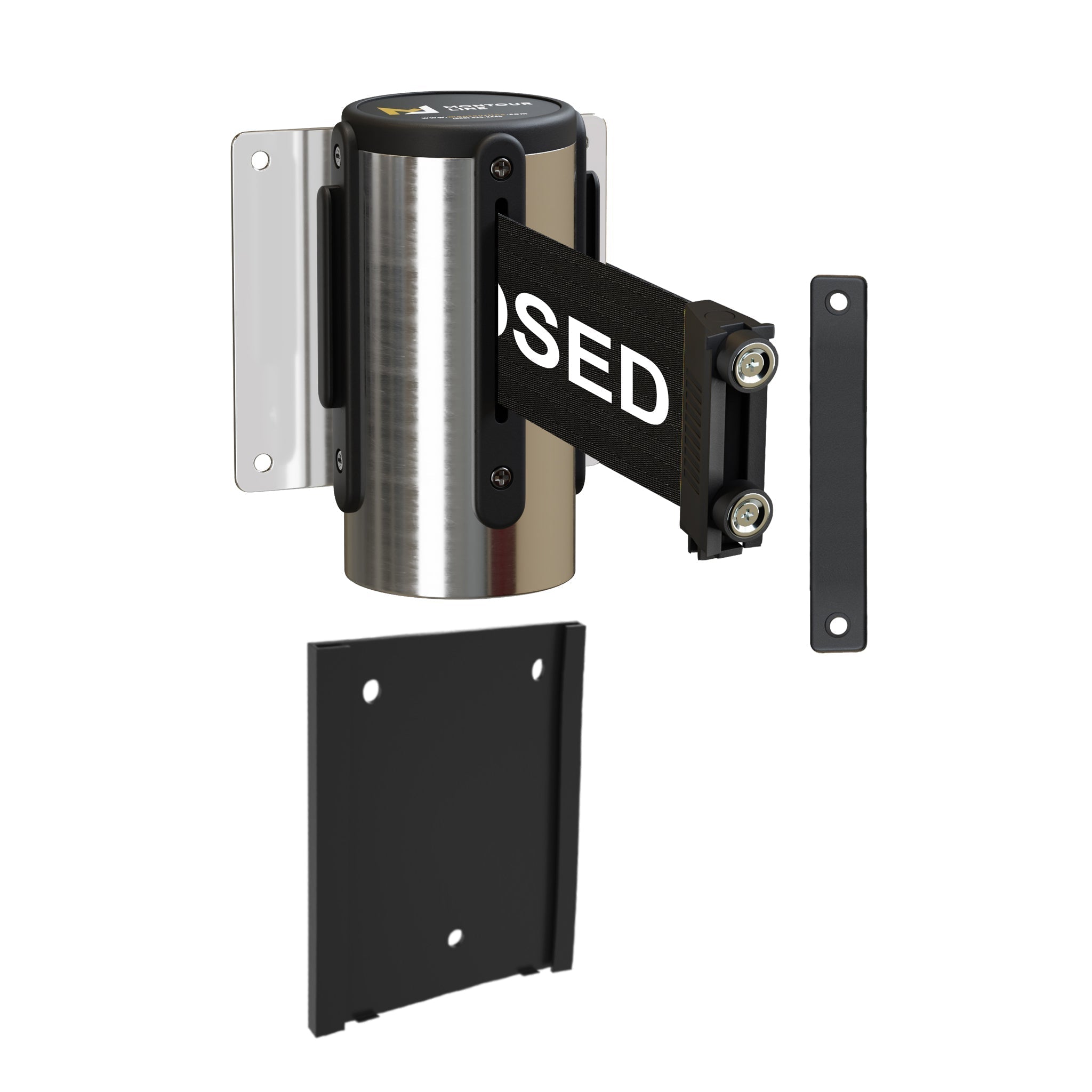 Wall Mounted Retractable Belt Barrier with Removable Plate, Polished Stainless Steel Metal Case with Magnetic Belt End, 13 ft Belt - Montour Line WM115 - Crowd Control Warehouse