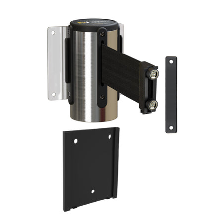 Wall Mounted Retractable Belt Barrier with Removable Plate, Polished Stainless Steel Metal Case with Magnetic Belt End, 13 ft Belt - Montour Line WM115 - Crowd Control Warehouse