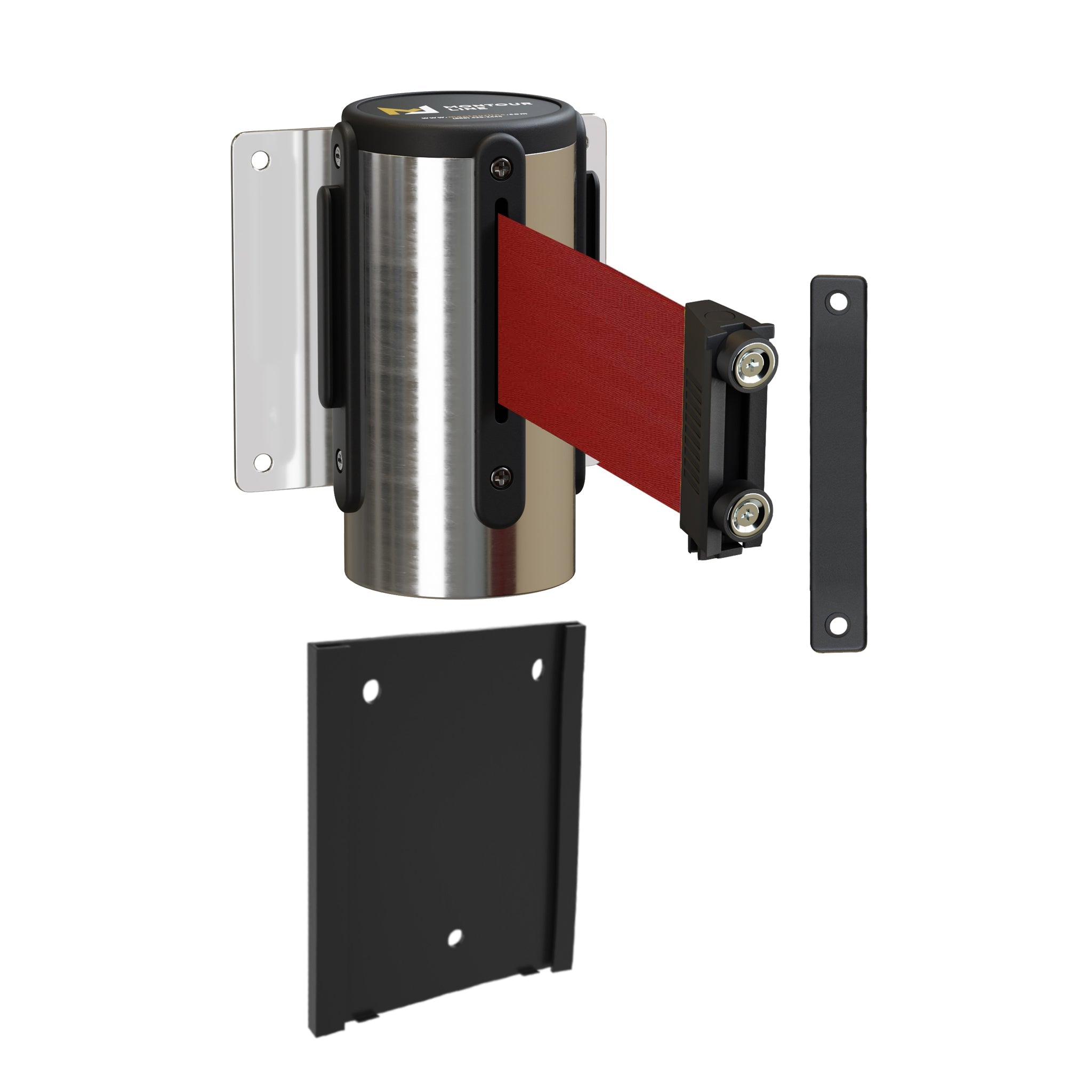 Wall Mounted Retractable Belt Barrier with Removable Plate, Polished Stainless Steel Metal Case with Magnetic Belt End, 8.5 ft Belt - Montour Line WM115 - Crowd Control Warehouse