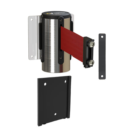 Wall Mounted Retractable Belt Barrier with Removable Plate, Polished Stainless Steel Metal Case with Magnetic Belt End, 8.5 ft Belt - Montour Line WM115 - Crowd Control Warehouse