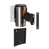 Wall Mounted Retractable Belt Barrier with Removable Plate, Polished Stainless Steel Metal Case with Magnetic Belt End, 8.5 ft Belt - Montour Line WM115 - Crowd Control Warehouse