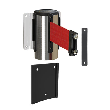 Wall Mounted Retractable Belt Barrier with Removable Plate, Polished Stainless Steel Metal Case with Magnetic Belt End, 8.5 ft Belt - Montour Line WM115 - Crowd Control Warehouse