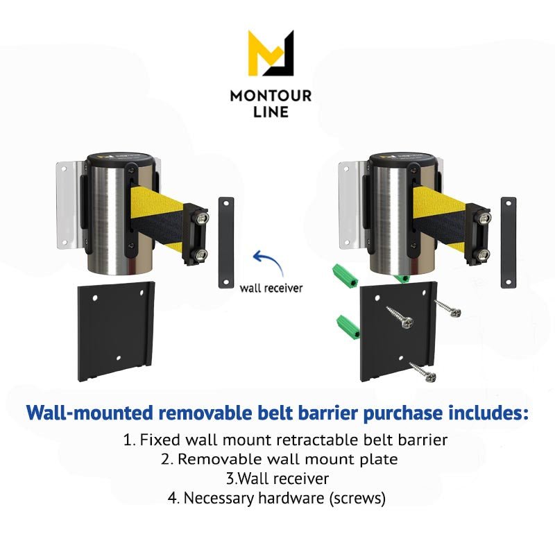 Wall Mounted Retractable Belt Barrier with Removable Plate, Polished Stainless Steel Metal Case with Magnetic Belt End, 8.5 ft Belt - Montour Line WM115 - Crowd Control Warehouse