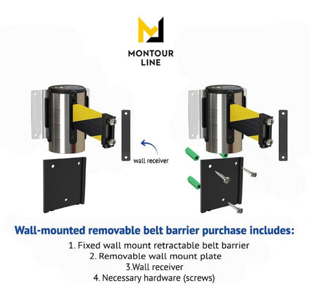 Wall Mounted Retractable Belt Barrier with Removable Plate, Polished Stainless Steel Metal Case with Magnetic Belt End, 8.5 ft Belt - Montour Line WM115 - Crowd Control Warehouse