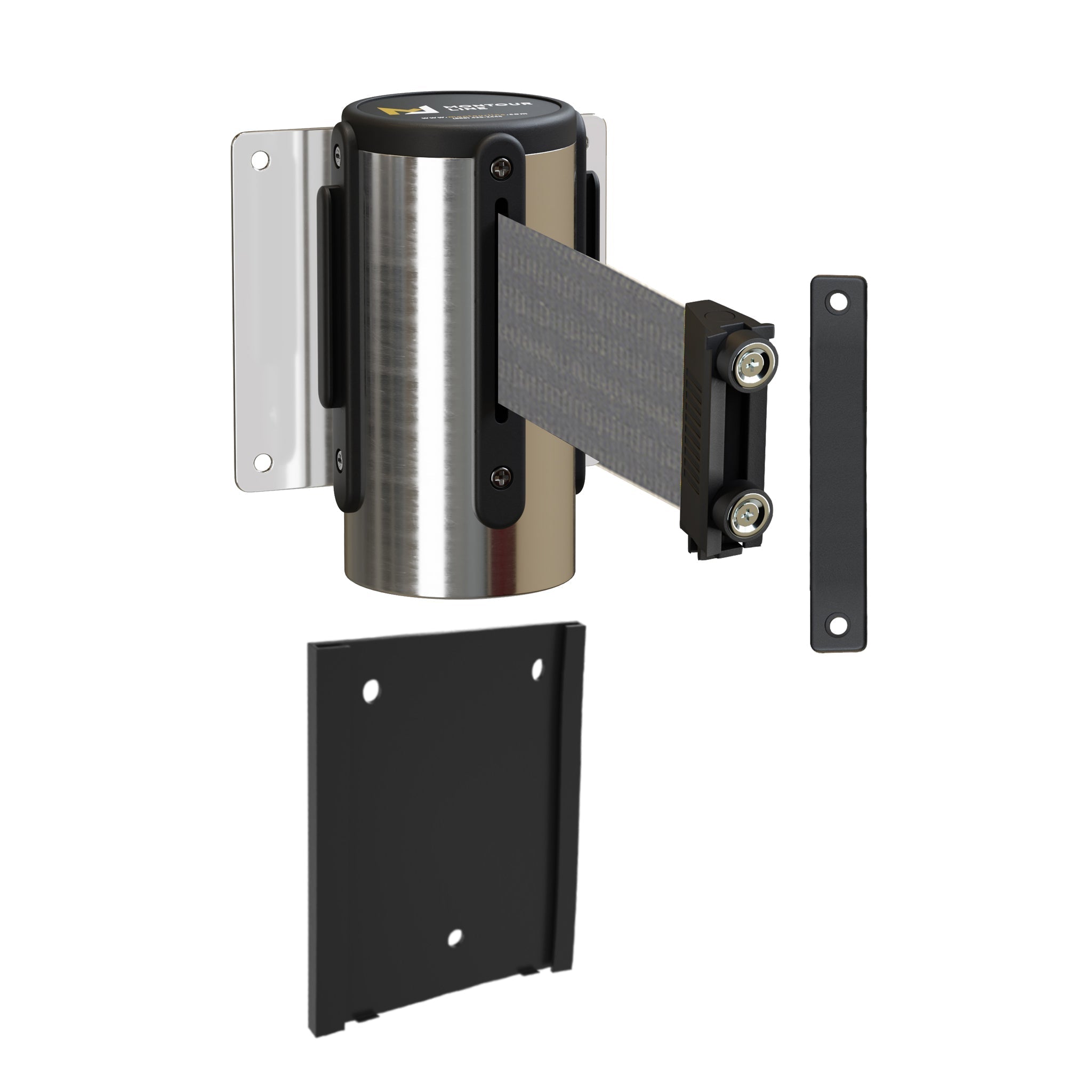 Wall Mounted Retractable Belt Barrier with Removable Plate, Polished Stainless Steel Metal Case with Magnetic Belt End, 8.5 ft Belt - Montour Line WM115 - Crowd Control Warehouse