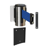 Wall Mounted Retractable Belt Barrier with Removable Plate, Polished Stainless Steel Metal Case with Magnetic Belt End, 8.5 ft Belt - Montour Line WM115 - Crowd Control Warehouse