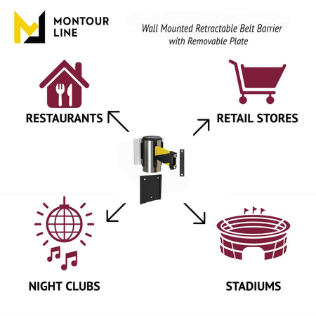 Wall Mounted Retractable Belt Barrier with Removable Plate, Polished Stainless Steel Metal Case with Magnetic Belt End, 8.5 ft Belt - Montour Line WM115 - Crowd Control Warehouse