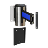 Wall Mounted Retractable Belt Barrier with Removable Plate, Polished Stainless Steel Metal Case with Magnetic Belt End, 8.5 ft Belt - Montour Line WM115 - Crowd Control Warehouse