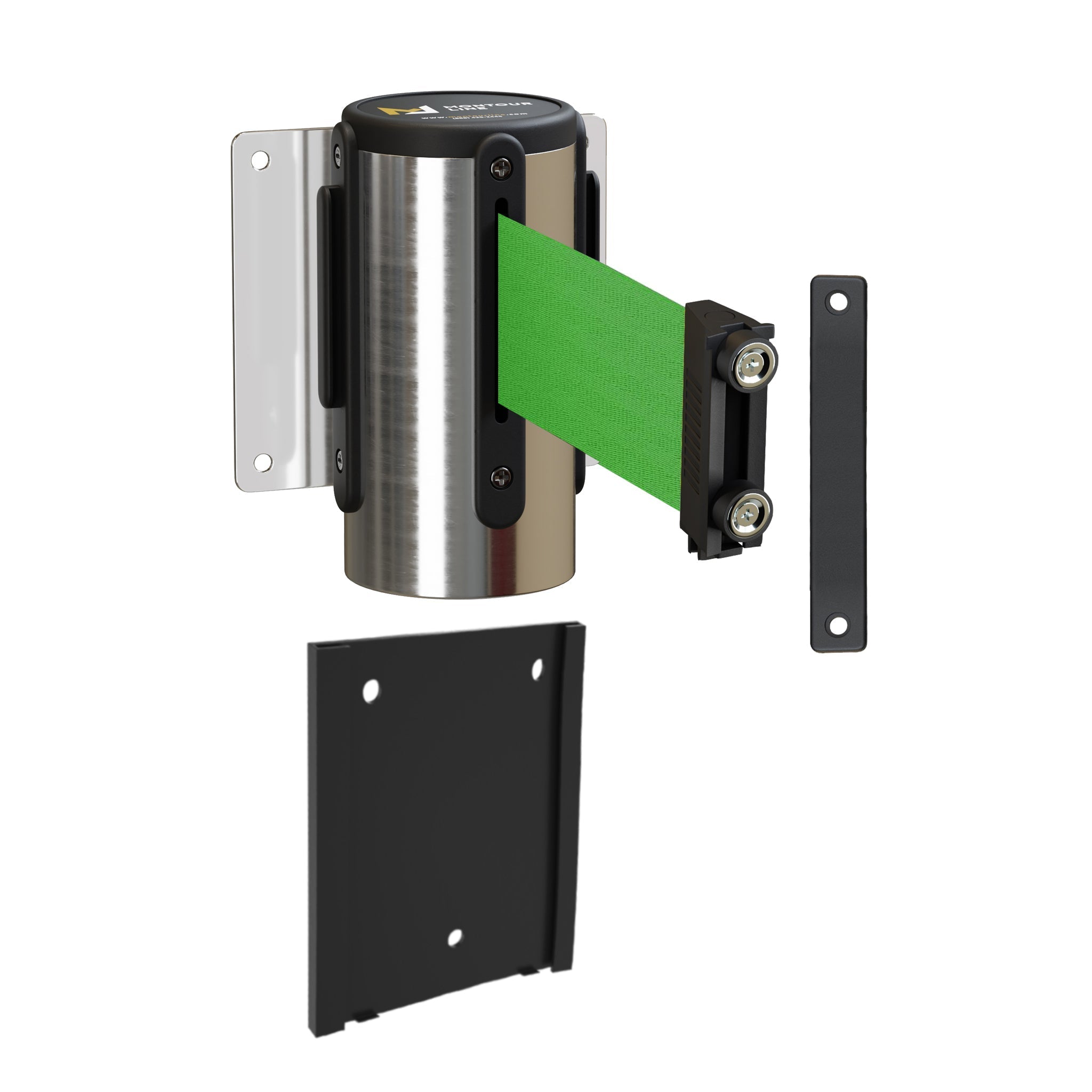 Wall Mounted Retractable Belt Barrier with Removable Plate, Polished Stainless Steel Metal Case with Magnetic Belt End, 8.5 ft Belt - Montour Line WM115 - Crowd Control Warehouse