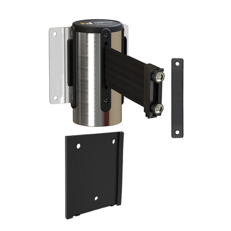 Wall Mounted Retractable Belt Barrier with Removable Plate, Polished Stainless Steel Metal Case with Magnetic Belt End, 8.5 ft Belt - Montour Line WM115 - Crowd Control Warehouse