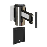 Wall Mounted Retractable Belt Barrier with Removable Plate, Polished Stainless Steel Metal Case with Magnetic Belt End, 8.5 ft Belt - Montour Line WM115 - Crowd Control Warehouse