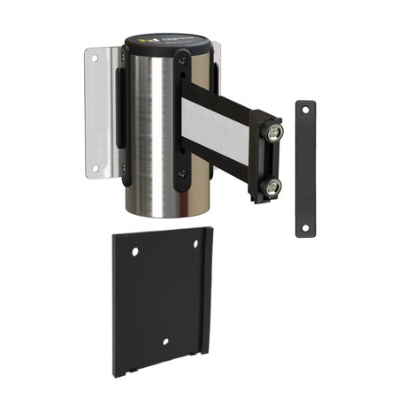 Wall Mounted Retractable Belt Barrier with Removable Plate, Polished Stainless Steel Metal Case with Magnetic Belt End, 8.5 ft Belt - Montour Line WM115 - Crowd Control Warehouse