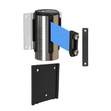 Wall Mounted Retractable Belt Barrier with Removable Plate, Polished Stainless Steel Metal Case with Magnetic Belt End, 8.5 ft Belt - Montour Line WM115 - Crowd Control Warehouse