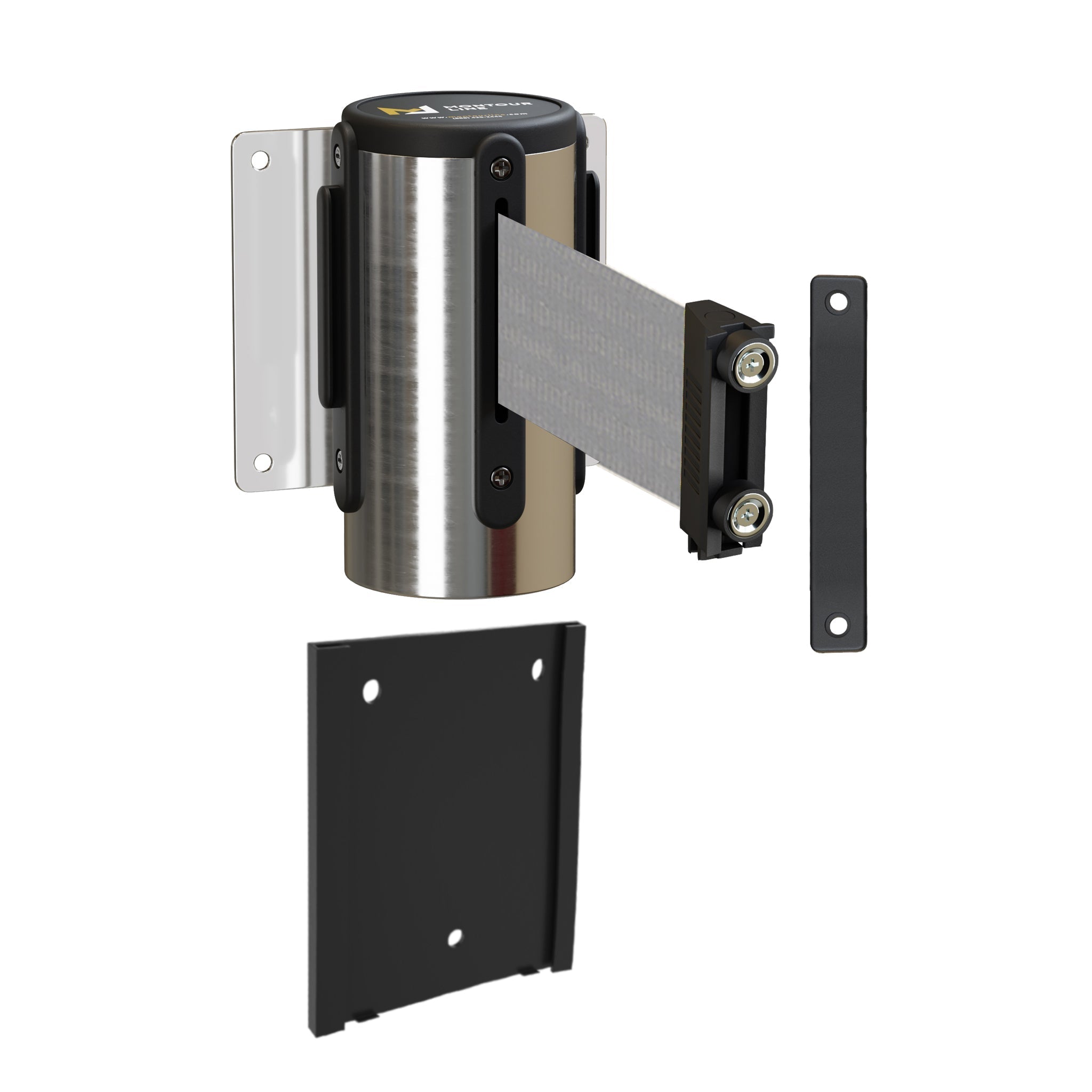 Wall Mounted Retractable Belt Barrier with Removable Plate, Polished Stainless Steel Metal Case with Magnetic Belt End, 8.5 ft Belt - Montour Line WM115 - Crowd Control Warehouse