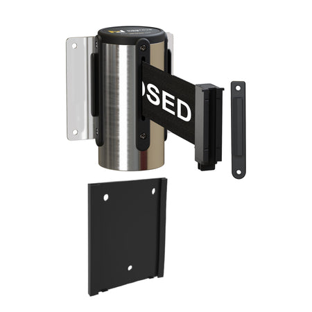 Wall Mounted Retractable Belt Barrier with Removable Plate, Polished Stainless Steel Metal Case with Standard Belt End, 11 ft Belt - Montour Line WM115 - Crowd Control Warehouse