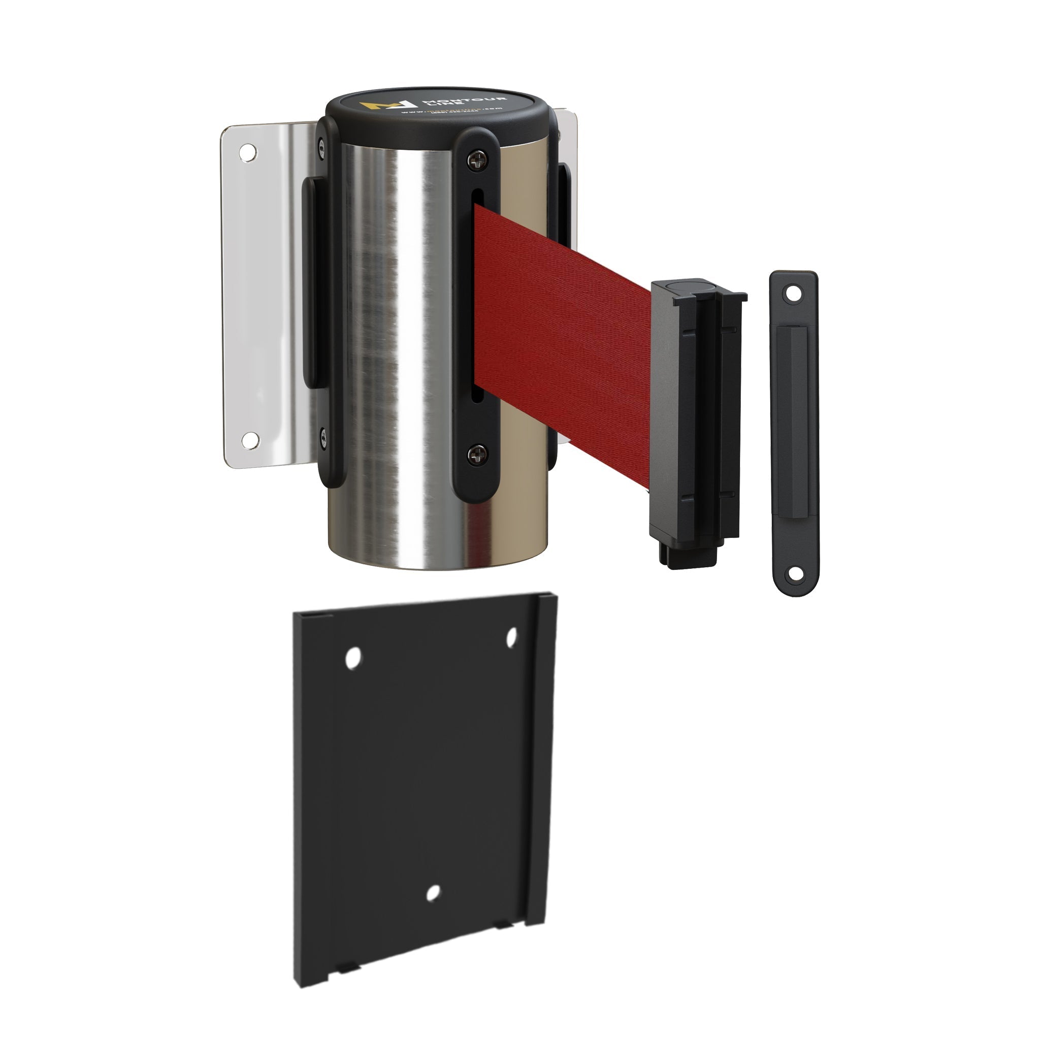 Wall Mounted Retractable Belt Barrier with Removable Plate, Polished Stainless Steel Metal Case with Standard Belt End, 11 ft Belt - Montour Line WM115 - Crowd Control Warehouse