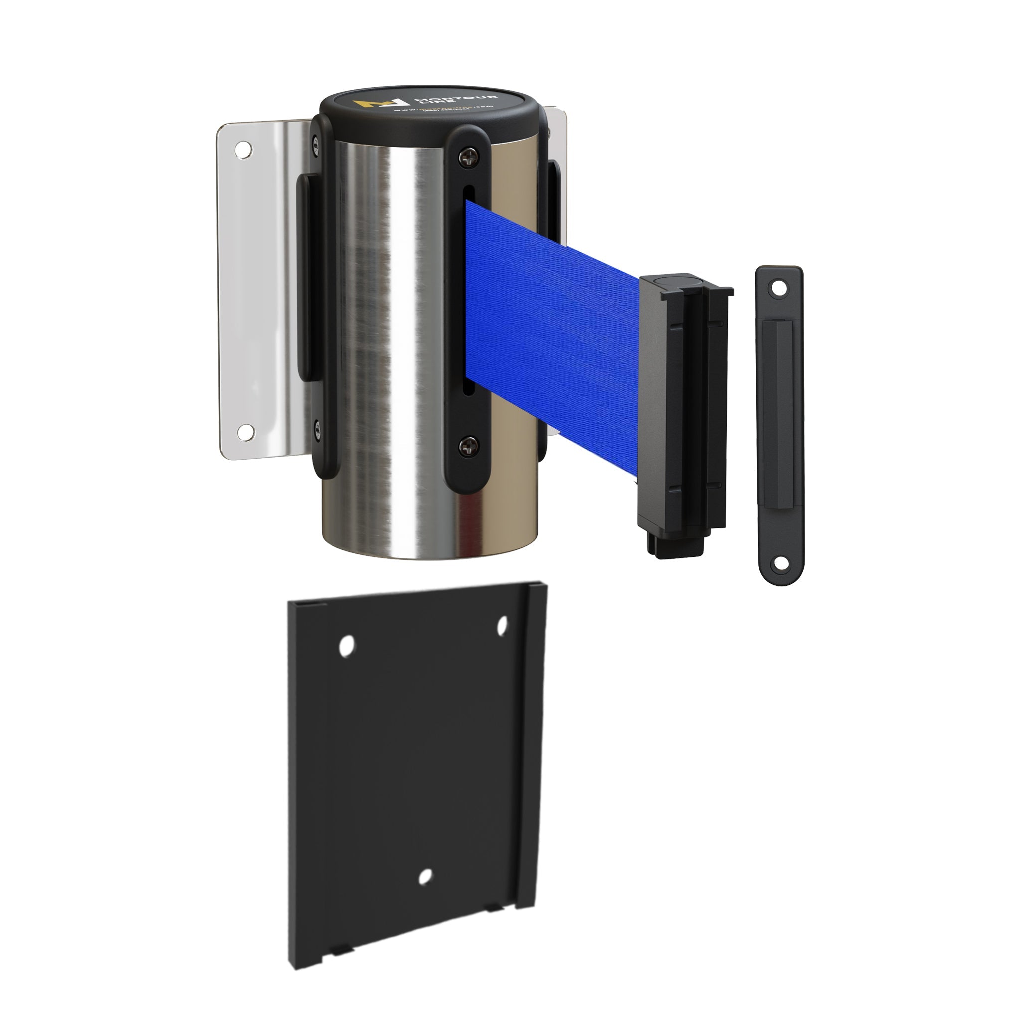 Wall Mounted Retractable Belt Barrier with Removable Plate, Polished Stainless Steel Metal Case with Standard Belt End, 11 ft Belt - Montour Line WM115 - Crowd Control Warehouse