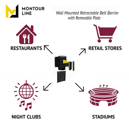 Wall Mounted Retractable Belt Barrier with Removable Plate, Polished Stainless Steel Metal Case with Standard Belt End, 11 ft Belt - Montour Line WM115 - Crowd Control Warehouse