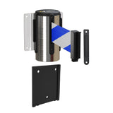 Wall Mounted Retractable Belt Barrier with Removable Plate, Polished Stainless Steel Metal Case with Standard Belt End, 11 ft Belt - Montour Line WM115 - Crowd Control Warehouse