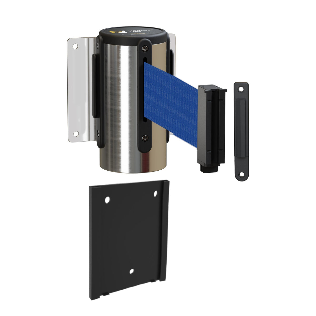 Wall Mounted Retractable Belt Barrier with Removable Plate, Polished Stainless Steel Metal Case with Standard Belt End, 11 ft Belt - Montour Line WM115 - Crowd Control Warehouse