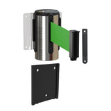 Wall Mounted Retractable Belt Barrier with Removable Plate, Polished Stainless Steel Metal Case with Standard Belt End, 11 ft Belt - Montour Line WM115 - Crowd Control Warehouse