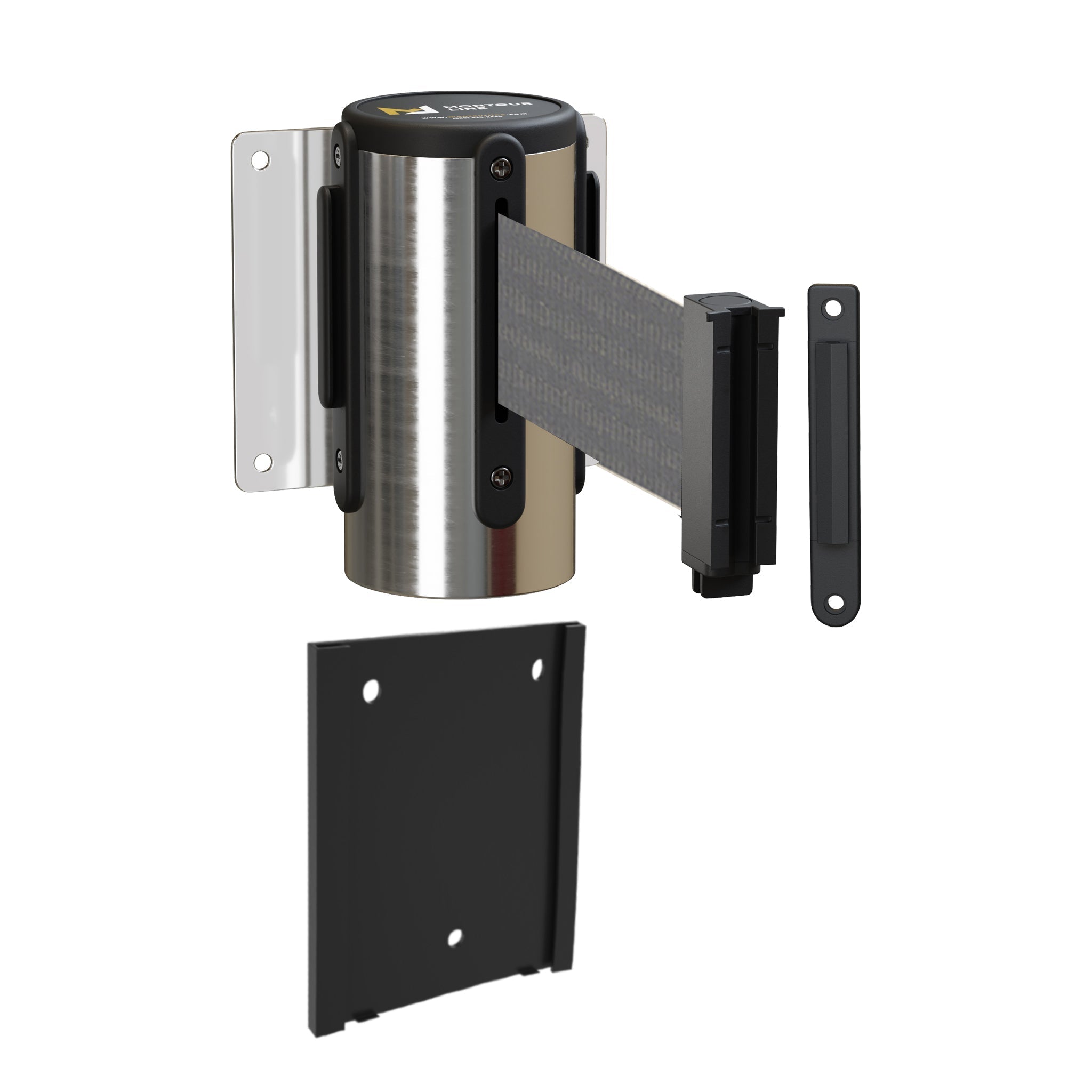 Wall Mounted Retractable Belt Barrier with Removable Plate, Polished Stainless Steel Metal Case with Standard Belt End, 11 ft Belt - Montour Line WM115 - Crowd Control Warehouse