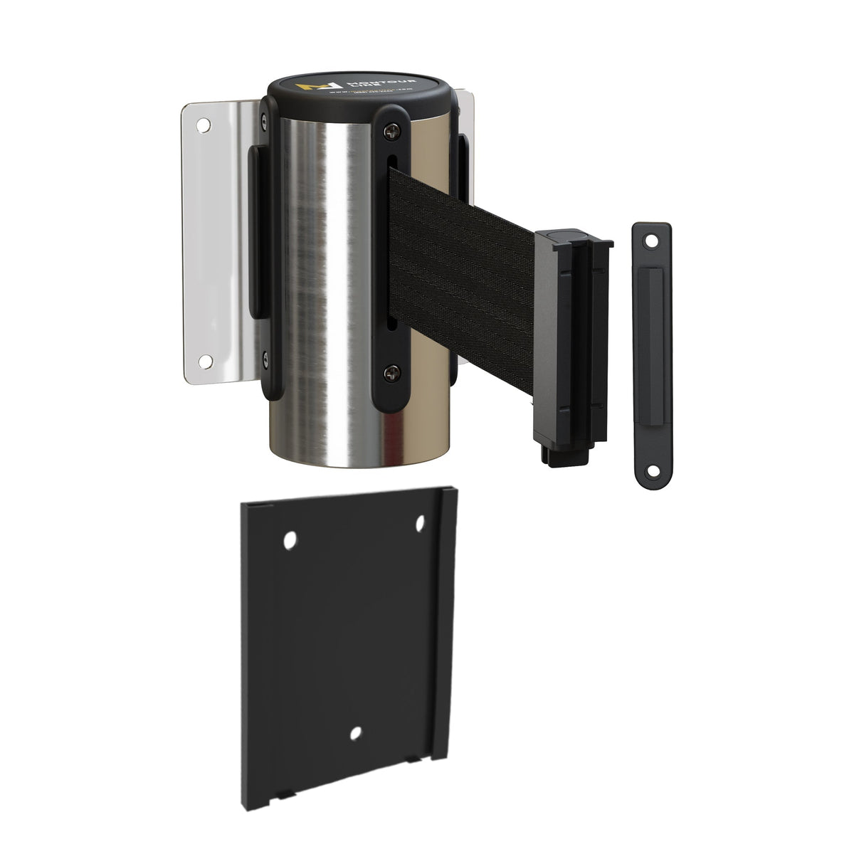 Wall Mounted Retractable Belt Barrier with Removable Plate, Polished Stainless Steel Metal Case with Standard Belt End, 11 ft Belt - Montour Line WM115 - Crowd Control Warehouse