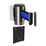 Wall Mounted Retractable Belt Barrier with Removable Plate, Polished Stainless Steel Metal Case with Standard Belt End, 11 ft Belt - Montour Line WM115 - Crowd Control Warehouse