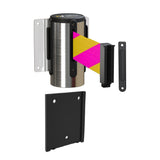 Wall Mounted Retractable Belt Barrier with Removable Plate, Polished Stainless Steel Metal Case with Standard Belt End, 11 ft Belt - Montour Line WM115 - Crowd Control Warehouse