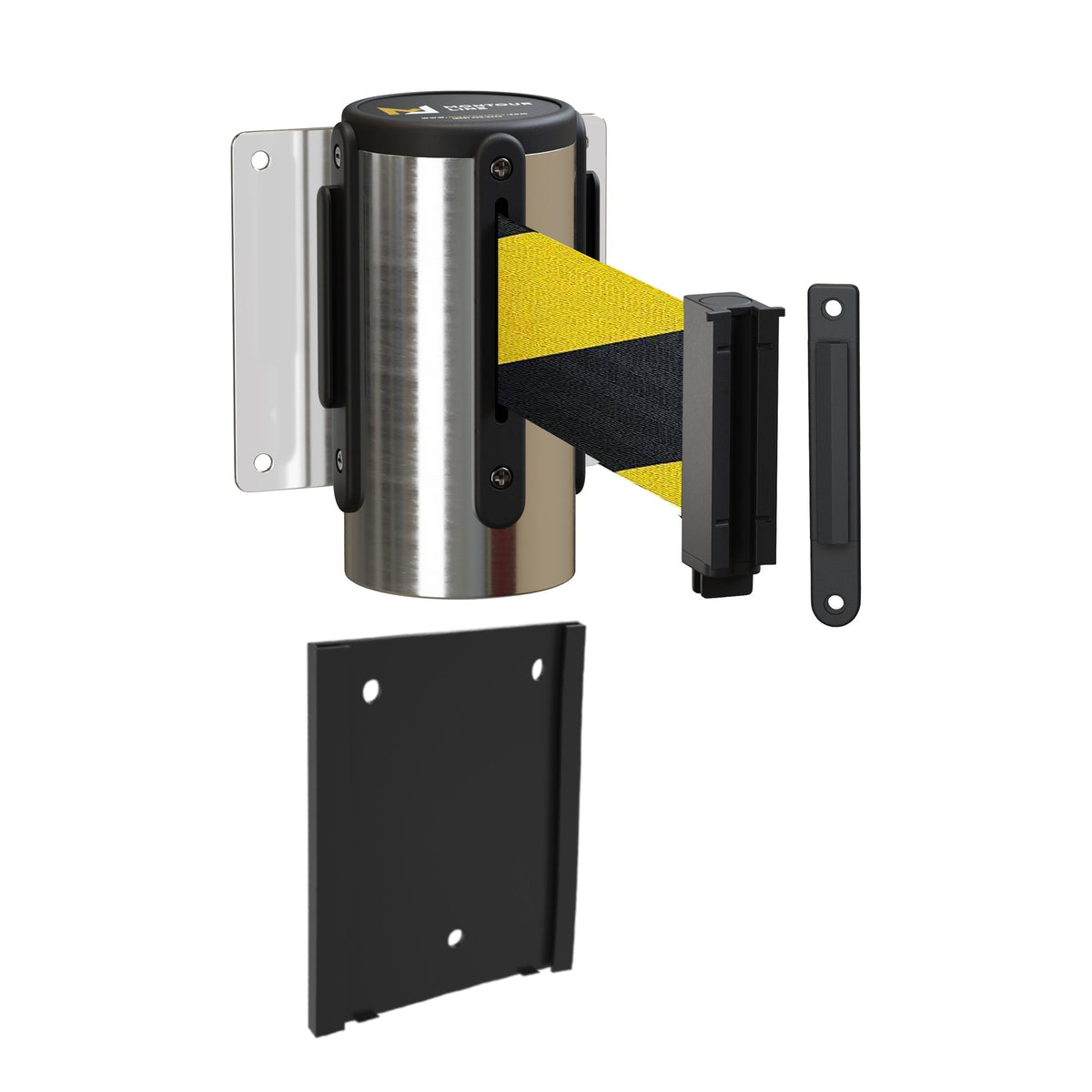 Wall Mounted Retractable Belt Barrier with Removable Plate, Polished Stainless Steel Metal Case with Standard Belt End, 11 ft Belt - Montour Line WM115 - Crowd Control Warehouse