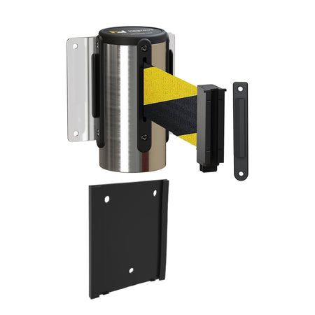 Wall Mounted Retractable Belt Barrier with Removable Plate, Polished Stainless Steel Metal Case with Standard Belt End, 11 ft Belt - Montour Line WM115 - Crowd Control Warehouse