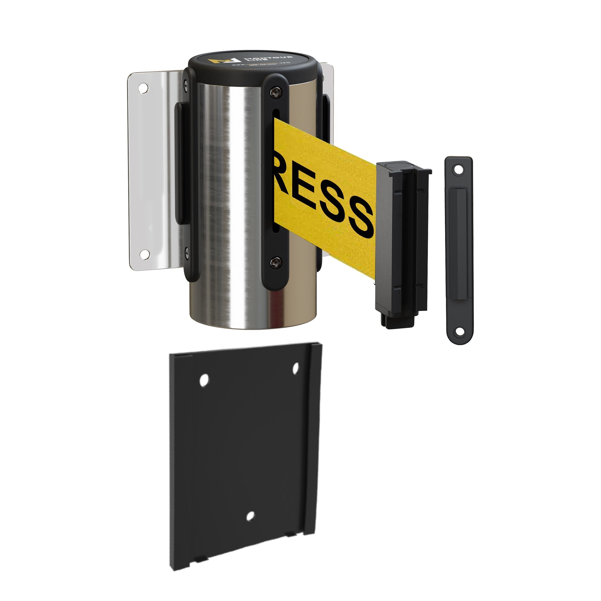 Wall Mounted Retractable Belt Barrier with Removable Plate, Polished Stainless Steel Metal Case with Standard Belt End, 11 ft Belt - Montour Line WM115 - Crowd Control Warehouse