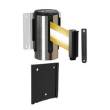 Wall Mounted Retractable Belt Barrier with Removable Plate, Polished Stainless Steel Metal Case with Standard Belt End, 8.5 ft Belt - Montour Line WM115 - Crowd Control Warehouse