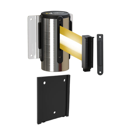 Wall Mounted Retractable Belt Barrier with Removable Plate, Polished Stainless Steel Metal Case with Standard Belt End, 8.5 ft Belt - Montour Line WM115 - Crowd Control Warehouse